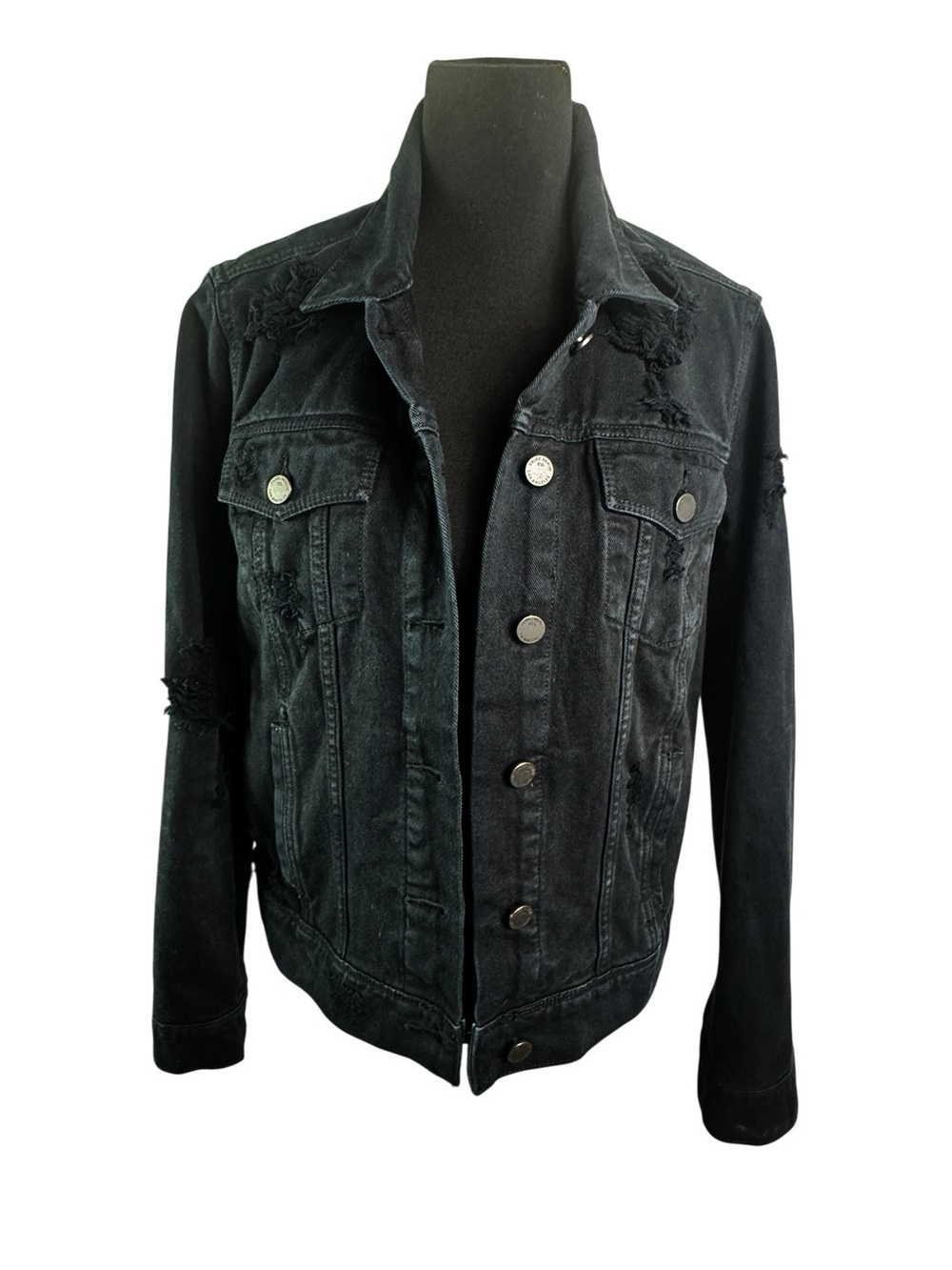 PAIGE Washed Black Distressed Denim Jacket Women’s Thrashed Trucker Jean Jacket